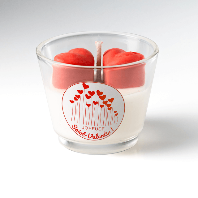Bougie artisanale parfumée en cire de soja naturelle décorée 2 cœurs – Idée cadeau Saint-Valentin pour les amoureux, petit(e) ami(e), femme, mari (V5)