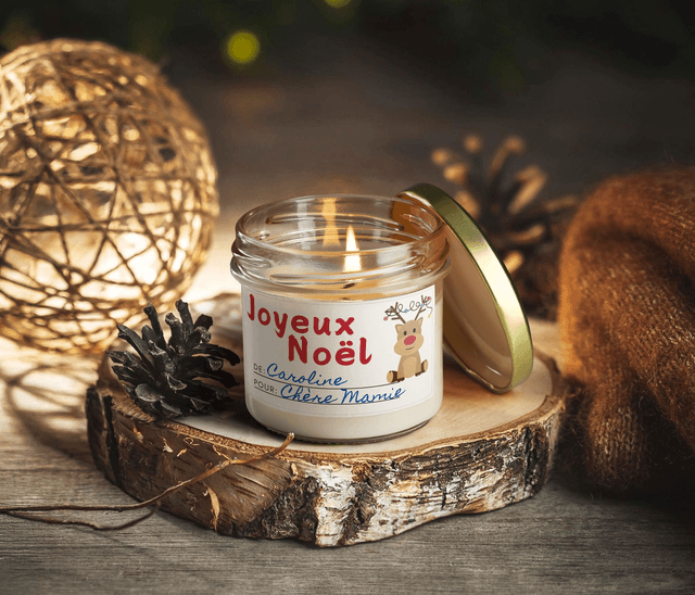 Bougie artisanale parfumée en cire de soja avec étiquette personnalisée - Cadeau pour Noël, Nouvel An, Fêtes de fin d'année, 100g (CJN21)