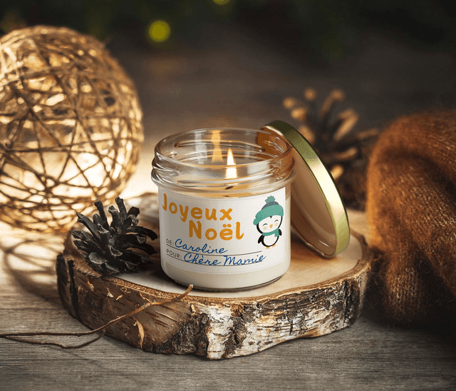 Bougie artisanale parfumée en cire de soja avec étiquette personnalisée - Cadeau pour Noël, Nouvel An, Fêtes de fin d'année, 100g (CJN22)