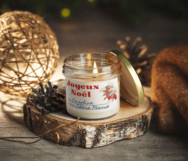 Bougie artisanale parfumée en cire de soja avec étiquette personnalisée - Cadeau pour Noël, Nouvel An, Fêtes de fin d'année, 100g (CJN03)