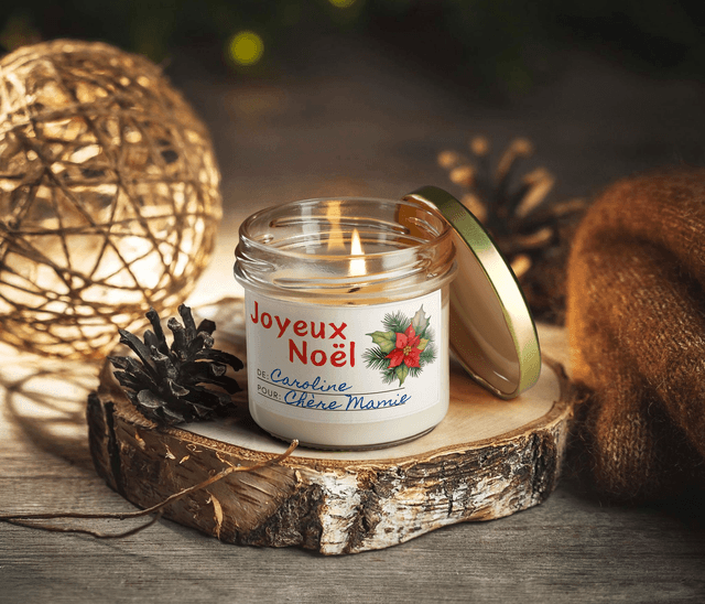 Bougie artisanale parfumée en cire de soja avec étiquette personnalisée - Cadeau pour Noël, Nouvel An, Fêtes de fin d'année, 100g (CJN09)