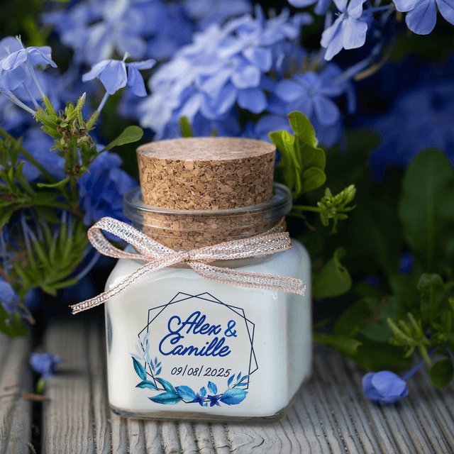 6 Bougies personnalisées parfumées : cadeaux invités mariage, décoration de table - Pot en verre 120ml avec bouchon en liège, Parfum au choix