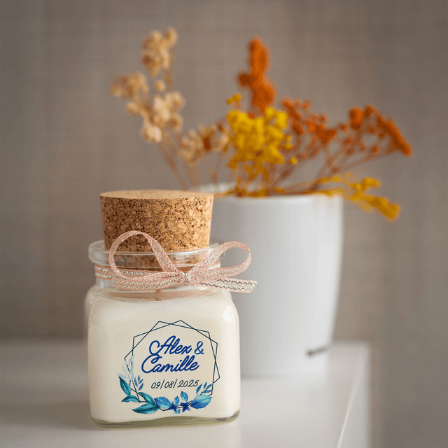 6 Bougies personnalisées parfumées : cadeaux invités mariage, décoration de table - Pot en verre 120ml avec bouchon en liège, Parfum au choix