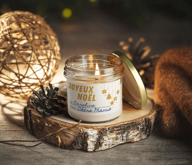 Bougie artisanale parfumée en cire de soja avec étiquette personnalisée - Cadeau pour Noël, Nouvel An, Fêtes de fin d'année, 100g (CJN13)