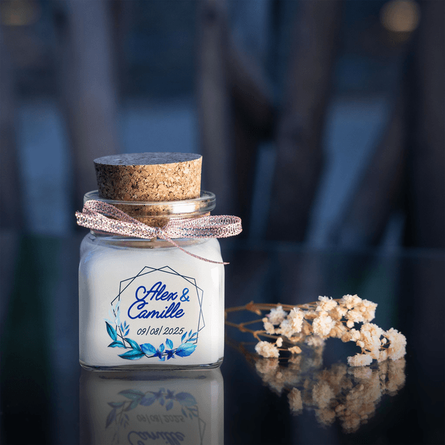 6 Bougies personnalisées parfumées : cadeaux invités mariage, décoration de table - Pot en verre 120ml avec bouchon en liège, Parfum au choix