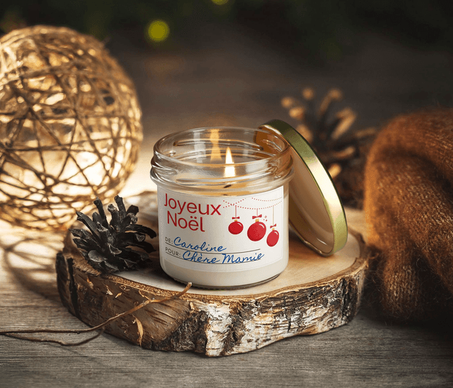Bougie artisanale parfumée en cire de soja avec étiquette personnalisée - Cadeau pour Noël, Nouvel An, Fêtes de fin d'année, 100g (CJN32)