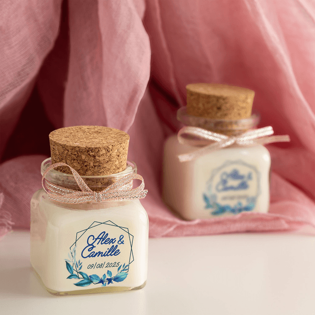 6 Bougies personnalisées parfumées : cadeaux invités mariage, décoration de table - Pot en verre 120ml avec bouchon en liège, Parfum au choix