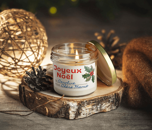 Bougie artisanale parfumée en cire de soja avec étiquette personnalisée - Cadeau pour Noël, Nouvel An, Fêtes de fin d'année, 100g (CJN10)