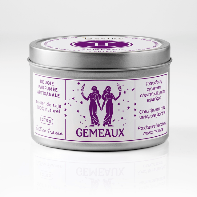 Bougie parfumée aromathérapie en cire de soja 100% naturelle - Gémeaux, 300g