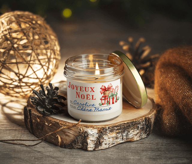 Bougie artisanale parfumée en cire de soja avec étiquette personnalisée - Cadeau pour Noël, Nouvel An, Fêtes de fin d'année, 100g (CJN33)