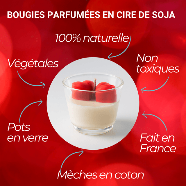 Bougie artisanale parfumée en cire de soja naturelle décorée 2 cœurs – Idée cadeau Saint-Valentin pour les amoureux, petit(e) ami(e), femme, mari (V3)