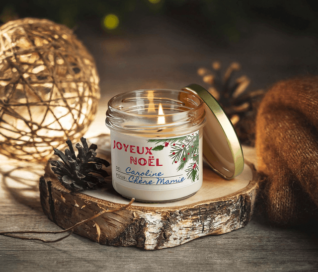 Bougie artisanale parfumée en cire de soja avec étiquette personnalisée - Cadeau pour Noël, Nouvel An, Fêtes de fin d'année, 100g (CJN01)
