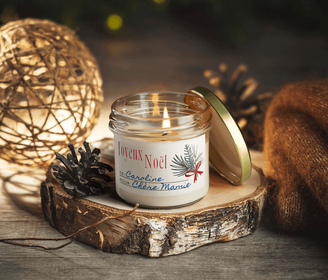 Bougie artisanale parfumée en cire de soja avec étiquette personnalisée - Cadeau pour Noël, Nouvel An, Fêtes de fin d'année, 100g (CJN02)