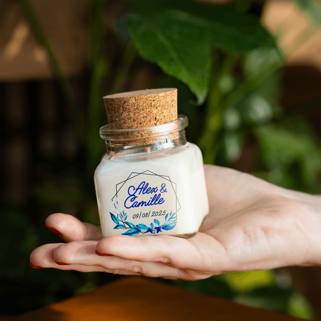 6 Bougies personnalisées parfumées : cadeaux invités mariage, décoration de table - Pot en verre 120ml avec bouchon en liège, Parfum au choix