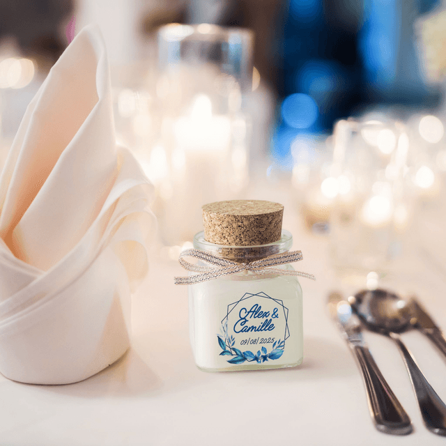 6 Bougies personnalisées parfumées : cadeaux invités mariage, décoration de table - Pot en verre 120ml avec bouchon en liège, Parfum au choix