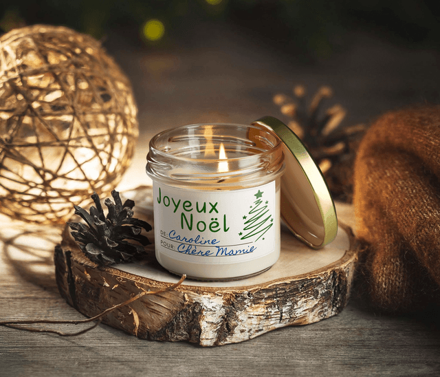 Bougie artisanale parfumée en cire de soja avec étiquette personnalisée - Cadeau pour Noël, Nouvel An, Fêtes de fin d'année, 100g (CJN16)