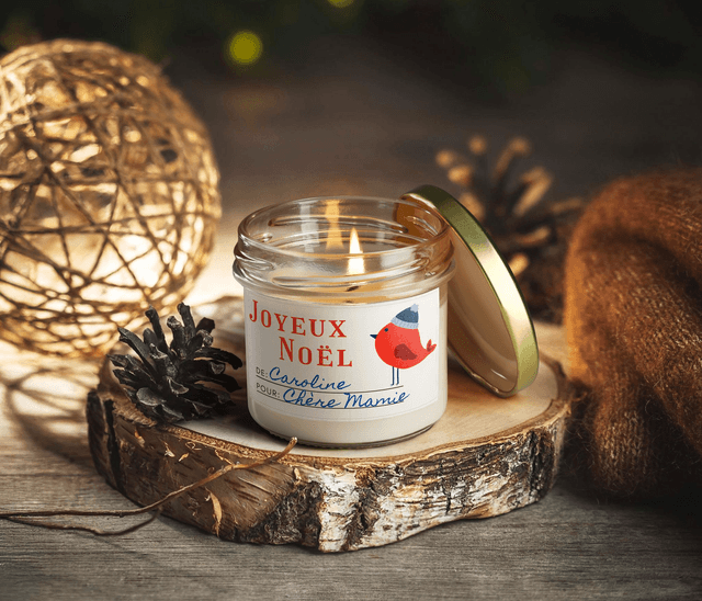 Bougie artisanale parfumée en cire de soja avec étiquette personnalisée - Cadeau pour Noël, Nouvel An, Fêtes de fin d'année, 100g (CJN28)