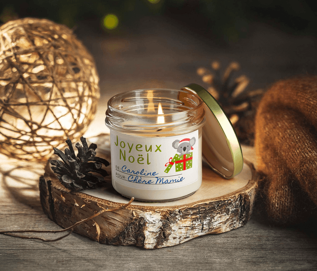 Bougie artisanale parfumée en cire de soja avec étiquette personnalisée - Cadeau pour Noël, Nouvel An, Fêtes de fin d'année, 100g (CJN27)