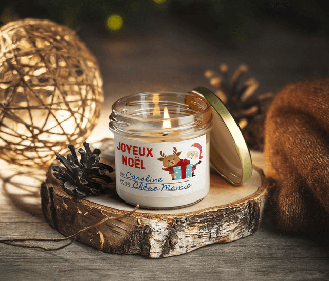 Bougie artisanale parfumée en cire de soja avec étiquette personnalisée - Cadeau pour Noël, Nouvel An, Fêtes de fin d'année, 100g (CJN025)