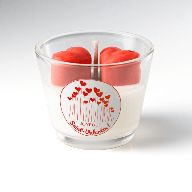 Bougie artisanale parfumée en cire de soja naturelle décorée 2 cœurs – Idée cadeau Saint-Valentin pour les amoureux, petit(e) ami(e), femme, mari (V5)