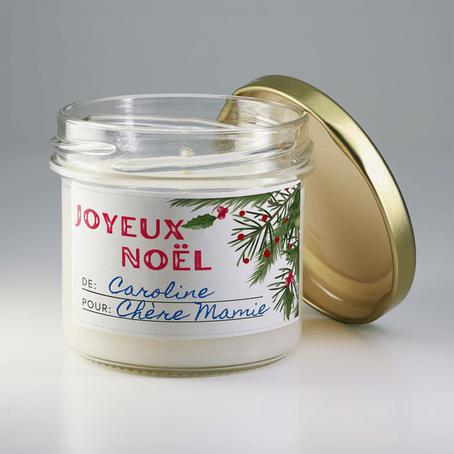 Bougie artisanale parfumée en cire de soja avec étiquette personnalisée - Cadeau pour Noël, Nouvel An, Fêtes de fin d&#039;année, 100g (CJN01)