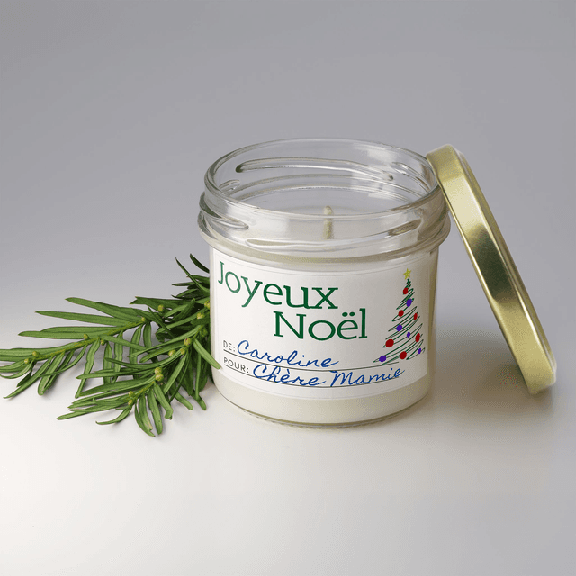 Bougie artisanale parfumée en cire de soja avec étiquette personnalisée - Cadeau pour Noël, Nouvel An, Fêtes de fin d&#039;année, 100g (CJN20)