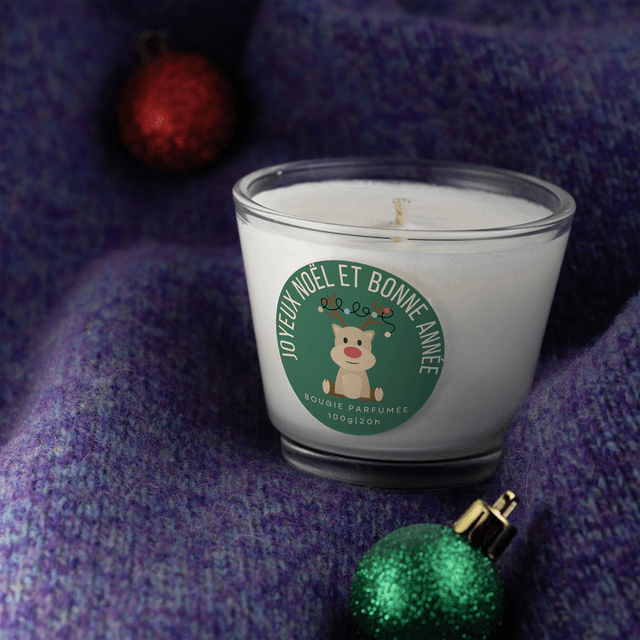 Bougie artisanale parfumée en cire de soja avec étiquette personnalisée - Cadeau pour Noël, Nouvel An, Fêtes de fin d&#039;année, 100g (JN04)