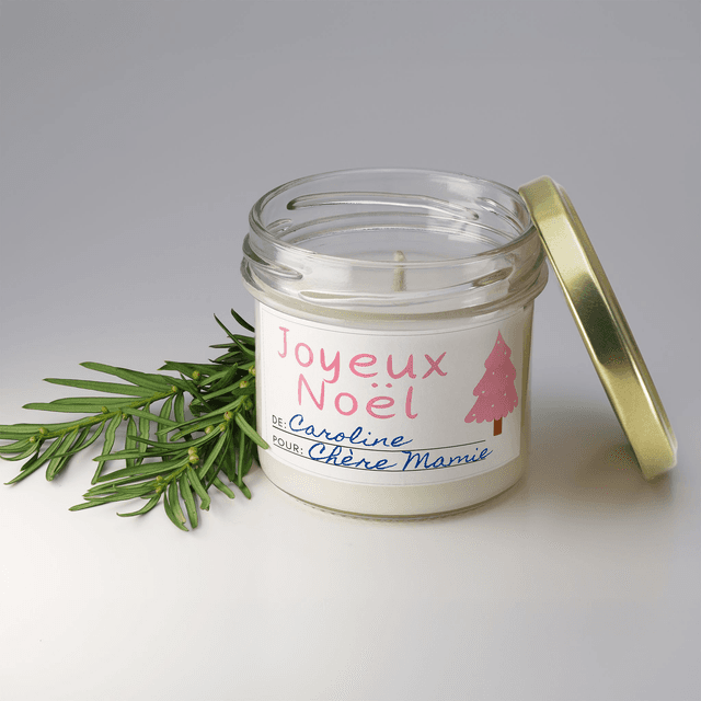 Bougie artisanale parfumée en cire de soja avec étiquette personnalisée - Cadeau pour Noël, Nouvel An, Fêtes de fin d&#039;année, 100g (CJN18)
