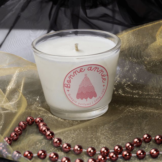 Bougie artisanale parfumée en cire de soja avec étiquette personnalisée - Cadeau pour Noël, Nouvel An, Fêtes de fin d&#039;année, 100g (JN09)