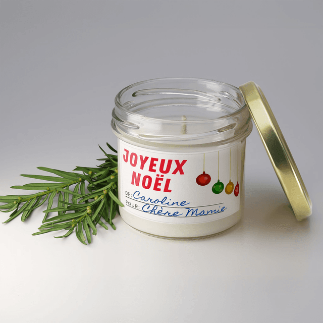 Bougie artisanale parfumée en cire de soja avec étiquette personnalisée - Cadeau pour Noël, Nouvel An, Fêtes de fin d&#039;année, 100g (CJN12)