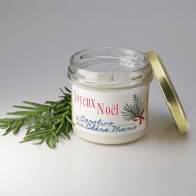 Bougie artisanale parfumée en cire de soja avec étiquette personnalisée - Cadeau pour Noël, Nouvel An, Fêtes de fin d&#039;année, 100g (CJN02)