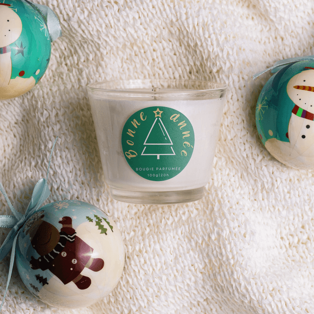 Bougie artisanale parfumée en cire de soja avec étiquette personnalisée - Cadeau pour Noël, Nouvel An, Fêtes de fin d&#039;année, 100g (JN05)