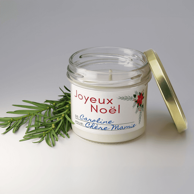 Bougie artisanale parfumée en cire de soja avec étiquette personnalisée - Cadeau pour Noël, Nouvel An, Fêtes de fin d&#039;année, 100g (CJN04)