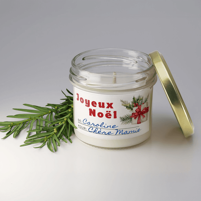 Bougie artisanale parfumée en cire de soja avec étiquette personnalisée - Cadeau pour Noël, Nouvel An, Fêtes de fin d&#039;année, 100g (CJN08)