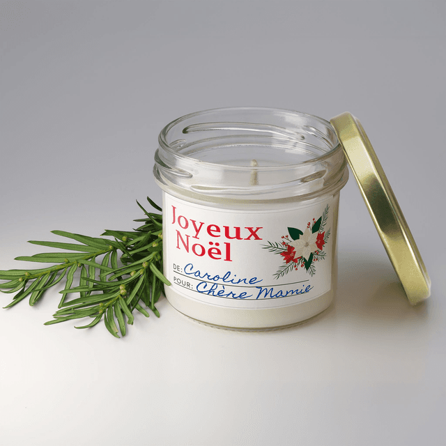 Bougie artisanale parfumée en cire de soja avec étiquette personnalisée - Cadeau pour Noël, Nouvel An, Fêtes de fin d&#039;année, 100g (CJN06)