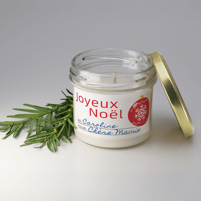 Bougie artisanale parfumée en cire de soja avec étiquette personnalisée - Cadeau pour Noël, Nouvel An, Fêtes de fin d&#039;année, 100g (CJN30)