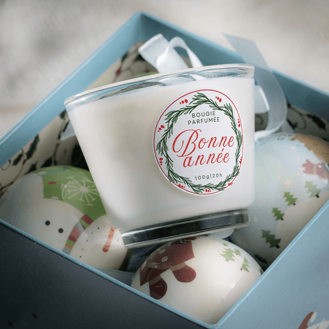 Bougie artisanale parfumée en cire de soja avec étiquette personnalisée - Cadeau pour Noël, Nouvel An, Fêtes de fin d&#039;année, 100g (JN07)