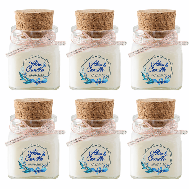 6 Bougies personnalisées parfumées : cadeaux invités mariage, décoration de table - Pot en verre 120ml avec bouchon en liège, Parfum au choix
