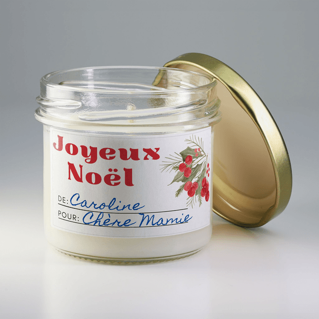 Bougie artisanale parfumée en cire de soja avec étiquette personnalisée - Cadeau pour Noël, Nouvel An, Fêtes de fin d&#039;année, 100g (CJN03)
