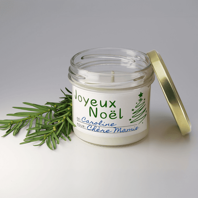 Bougie artisanale parfumée en cire de soja avec étiquette personnalisée - Cadeau pour Noël, Nouvel An, Fêtes de fin d&#039;année, 100g (CJN16)