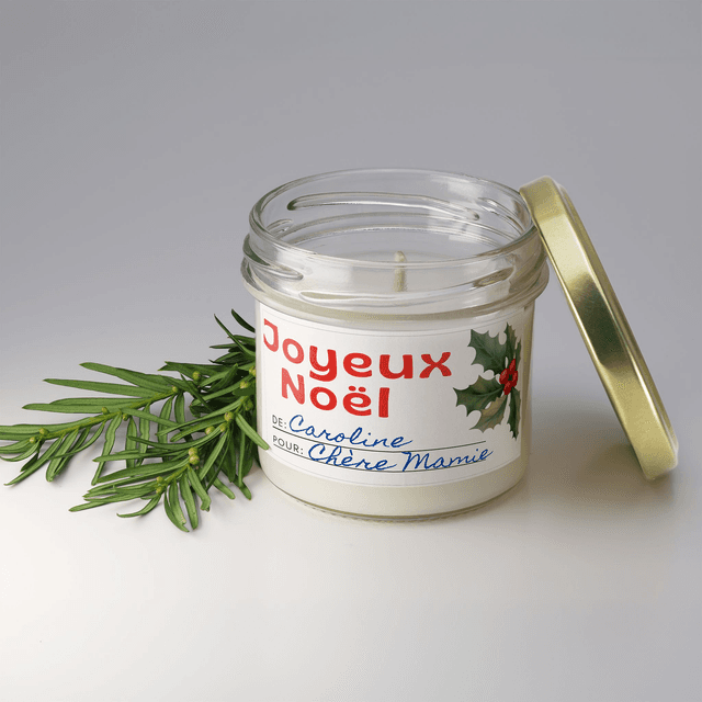 Bougie artisanale parfumée en cire de soja avec étiquette personnalisée - Cadeau pour Noël, Nouvel An, Fêtes de fin d&#039;année, 100g (CJN10)